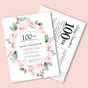 Postal De Invitación Cumpleaños 100 de Rosa Rosa Floral Eucalipto