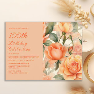 Postal De Invitación Cumpleaños 100 Elegantes Rosas Florales de Durazno