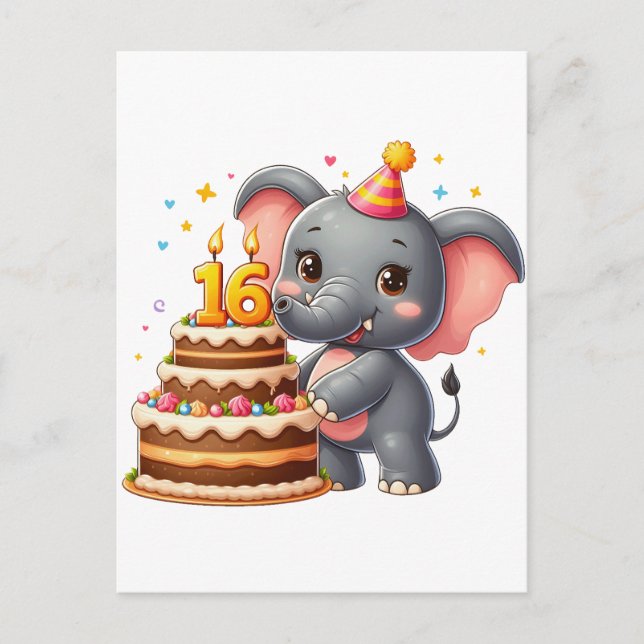 Postal De Invitación Cumpleaños 16 de elefante lindo (Anverso)