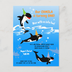 Postal De Invitación cumpleaños 1 bajo el mar orca ballena niña