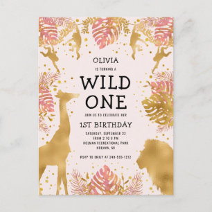 Postal De Invitación Cumpleaños 1er de Niñas Fiesta Safari de la Jungla