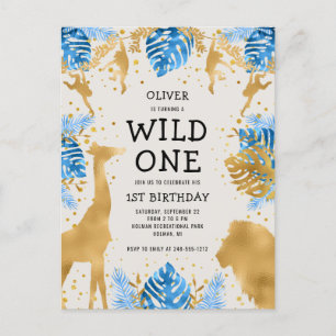 Postal De Invitación Cumpleaños 1er de niños Fiesta Safari azul ecru