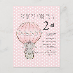 Postal De Invitación Cumpleaños 2 de la Princesa Rosa Elefante Globo de
