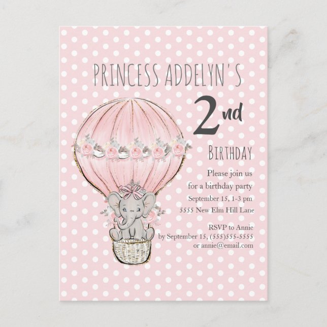 Postal De Invitación Cumpleaños 2 de la Princesa Rosa Elefante Globo de (Anverso)