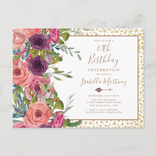 Postal De Invitación Cumpleaños 40 en Rosa Floral Borgoña con Brillo Do (Anverso)