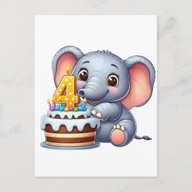 Postal De Invitación Cumpleaños 4 de elefante lindo (Anverso)