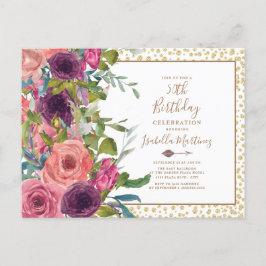 Postal De Invitación Cumpleaños 50 Burgundy Pink Floral Dorado Brillant