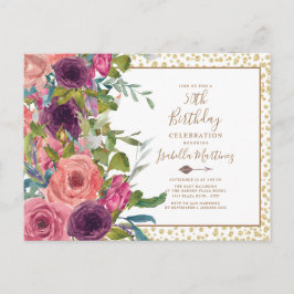 Postal De Invitación Cumpleaños 50 Burgundy Pink Floral Dorado Brillant