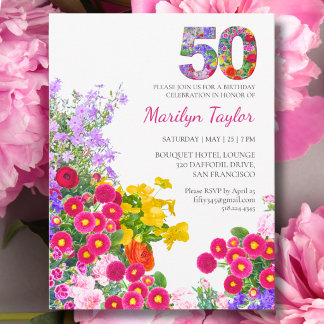 Postal De Invitación Cumpleaños 50 Colorido Floral 50 Fiesta en el Jard