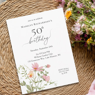 Postal De Invitación Cumpleaños 50 femenino acuarela flor silvestre