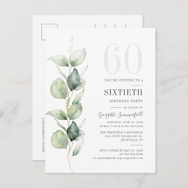 Postal De Invitación Cumpleaños 60 con Hojas de Eucalipto en Acuarela M (Anverso / Reverso)