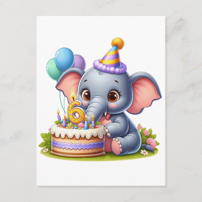 Postal De Invitación Cumpleaños 6 de elefante lindo (Anverso)