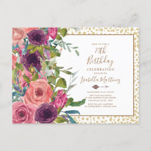 Postal De Invitación Cumpleaños 70 Burgundy Pink Floral Dorado Brillant
