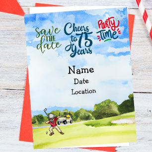 Postal De Invitación Cumpleaños 75 del golfista con carrito de golf Sav