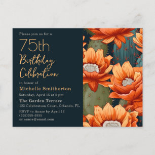 Postal De Invitación Cumpleaños 75 Naranja Floral Verde Cactus Azul Mar