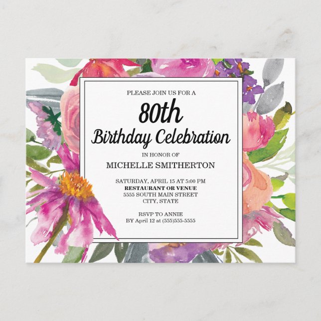 Postal De Invitación Cumpleaños 80 de mujer con flores rosadas y morada (Anverso)