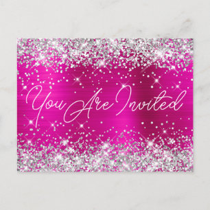 Postal De Invitación Cumpleaños 90 de Glitter Plateado y Glam Rosa Inte