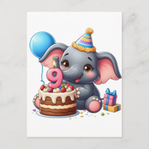 Postal De Invitación Cumpleaños 9 de elefante lindo