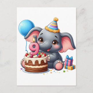 Postal De Invitación Cumpleaños 9 de elefante lindo