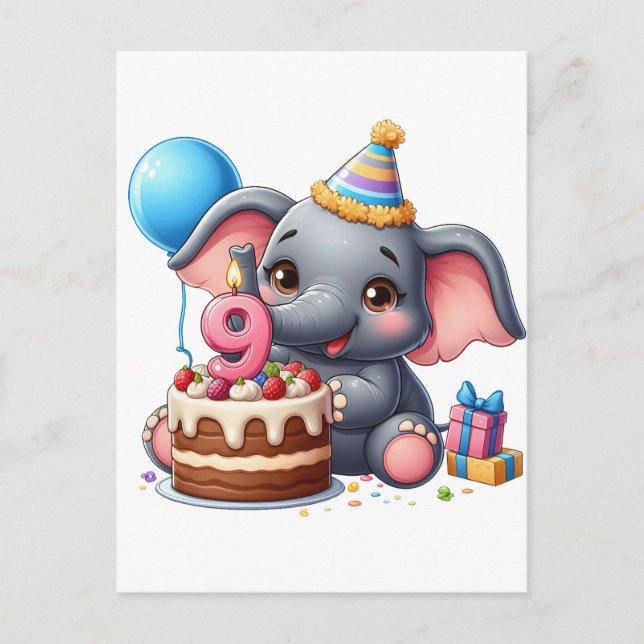 Postal De Invitación Cumpleaños 9 de elefante lindo (Anverso)