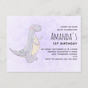 Postal De Invitación Cumpleaños acuarela juguete dinosaurio gris lindo