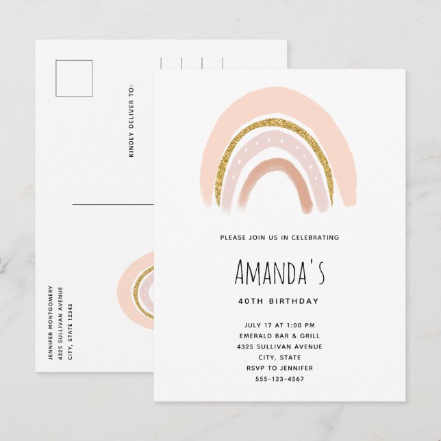 Postal De Invitación Cumpleaños Arcoíris Boho Rosa Pastel y Brillo Fals (Anverso / Reverso)