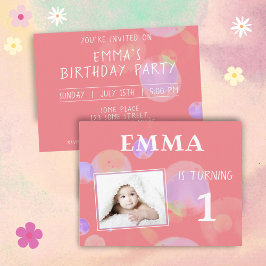 Postal De Invitación Cumpleaños con burbujas rosadas para niña de 1 año