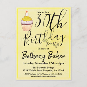 Postal De Invitación Cumpleaños con Cupcake Amarillo Acuarela 30
