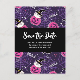 Postal De Invitación Cumpleaños con patrón de Halloween de gatos lindos
