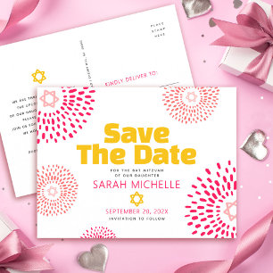 Postal De Invitación Cumpleaños de Bat Mitzvah Rosa Salva la Fecha Estr