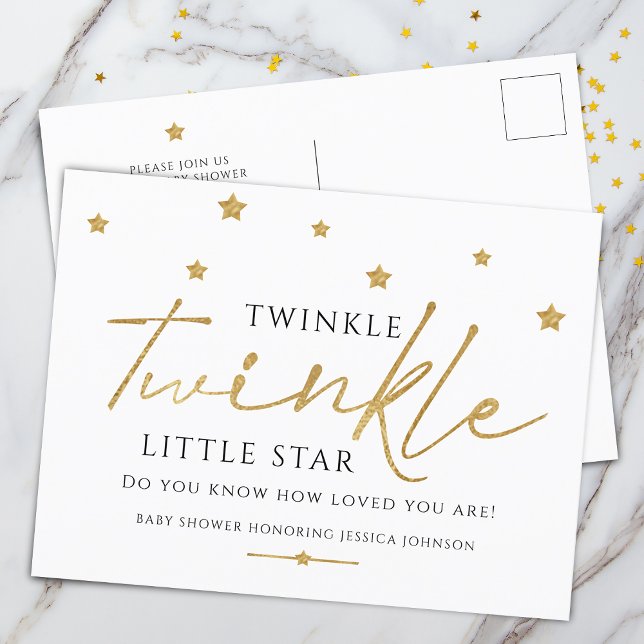 Postal De Invitación Cumpleaños de Bebé Estrellas Doradas de Moda Brill (Trendy Gold Stars Twinkle Twinkle Baby Shower Invitation Postcard)