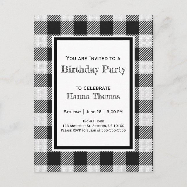 Postal De Invitación Cumpleaños de Black Buffalo Plaid (Anverso)
