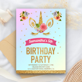 Postal De Invitación Cumpleaños de Cara de Unicornio con Brillo Dorado