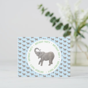 Postal De Invitación Cumpleaños de elefante bebé azul claro