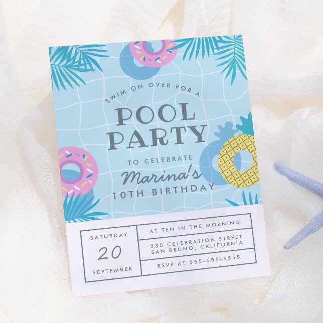 Postal De Invitación Cumpleaños de fiesta junto a la piscina con hojas  (Subido por el creador)