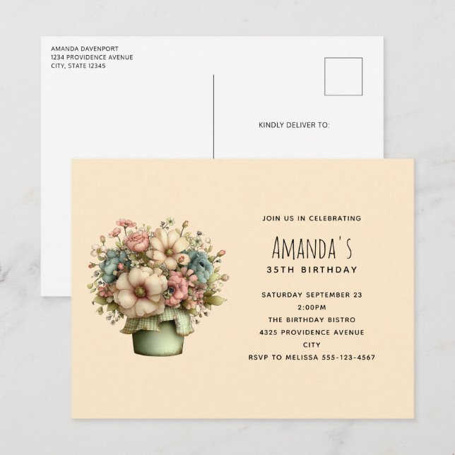 Postal De Invitación Cumpleaños de Flores Caprichosas en una Maceta (Anverso / Reverso)