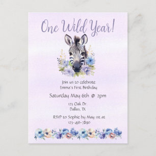 Postal De Invitación Cumpleaños de la Floral Púrpura Zebra