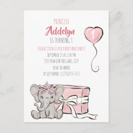 Postal De Invitación Cumpleaños de la Princesa Rosa Elefante Niño 1er C