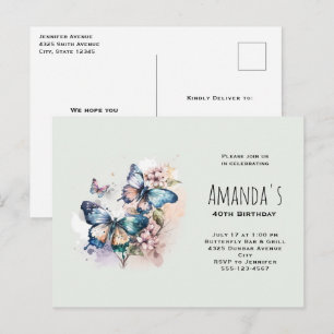 Postal De Invitación Cumpleaños de Mariposas y Flores Hermosas