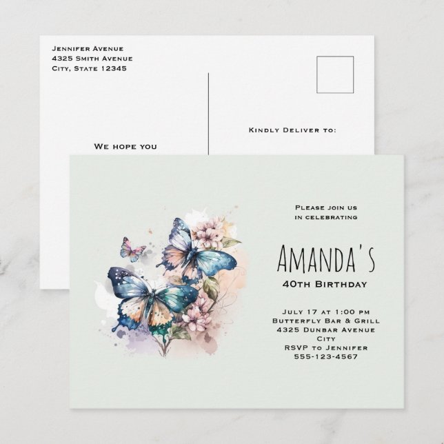 Postal De Invitación Cumpleaños de Mariposas y Flores Hermosas (Anverso / Reverso)