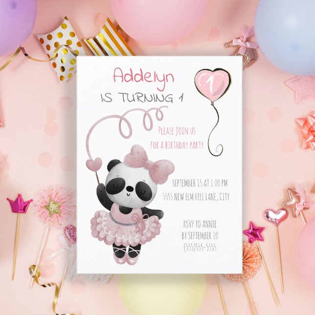 Postal De Invitación Cumpleaños de niña con panda bailarina  (Subido por el creador)