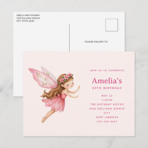 Postal De Invitación Cumpleaños de niña hada linda con vestido rosa
