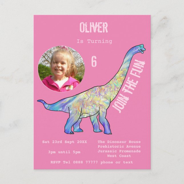 Postal De Invitación Cumpleaños de niñas Dinosaurio Brachiosaurus Rosa  (Anverso)