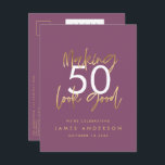 Postal De Invitación cumpleaños de oro morado simple guión elegante<br><div class="desc">Moderno cumpleaños 50 simple y elegante guión de oro y invitación geométrica de 50 años. Patrón de fondo geométrico moderno. Parte de una colección.</div>
