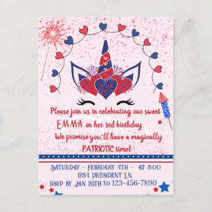 Postal De Invitación cumpleaños de patriotas brillantes de Unicornio,