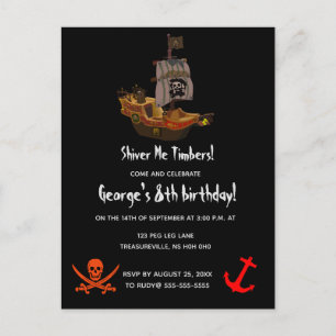 Postal De Invitación Cumpleaños de Piratas de Shiver Me Timbers