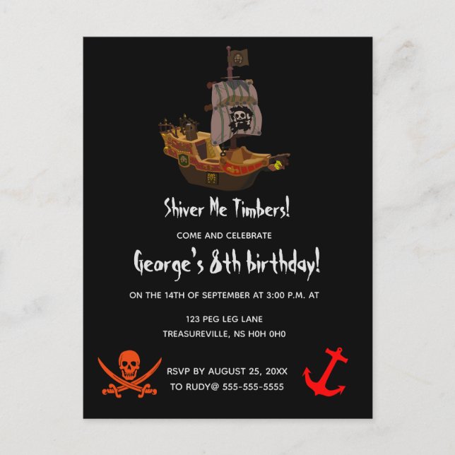 Postal De Invitación Cumpleaños de Piratas de Shiver Me Timbers (Anverso)