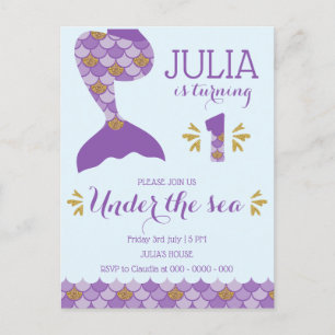 Postal De Invitación Cumpleaños de Sirena Sirena Número 1