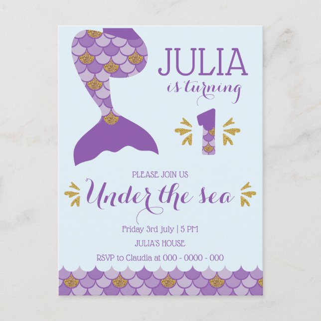 Postal De Invitación Cumpleaños de Sirena Sirena Número 1 (Anverso)
