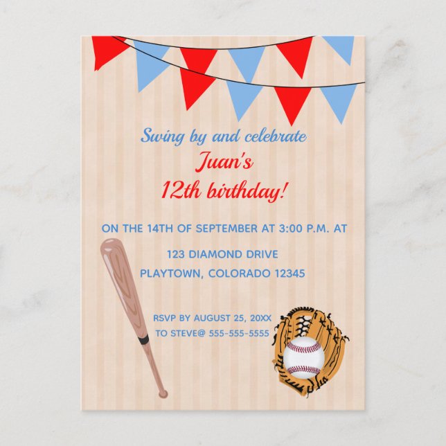 Postal De Invitación Cumpleaños de Softball de Béisbol Editable (Anverso)